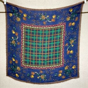 Vintage Oscar De La Renta Woven Womens Square Scarf Blue/Yellow/Green Floral VTG